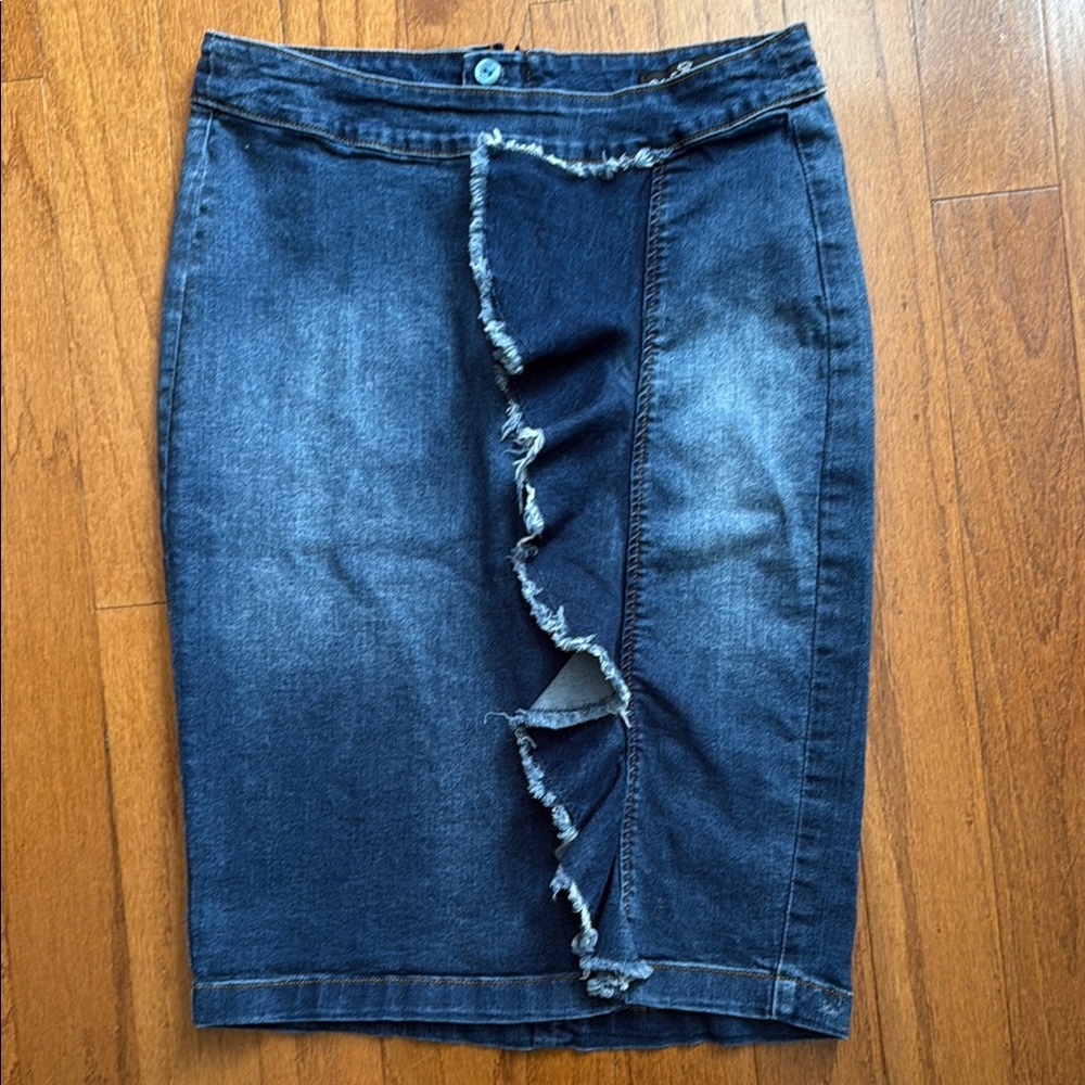 One 5 One Blue Denim Jean‎ Ruffled Pencil Skirt Medium